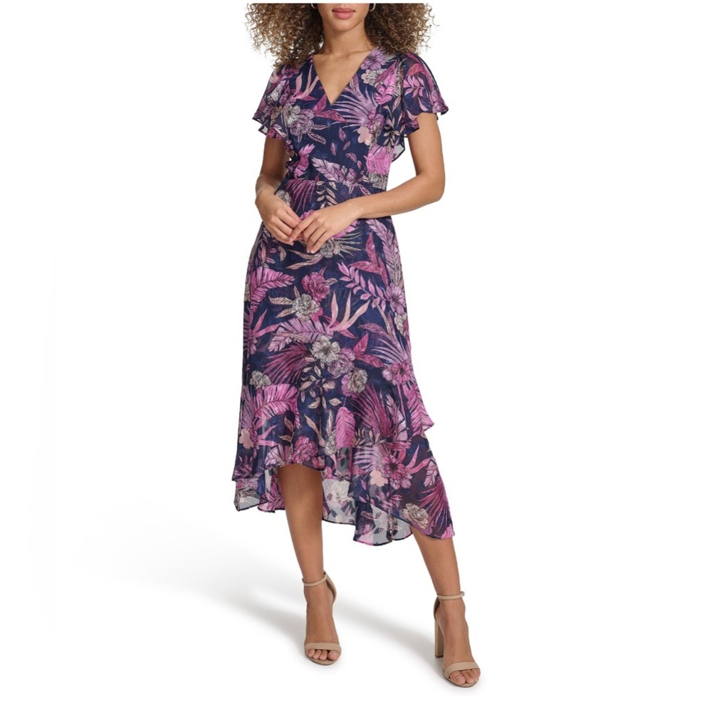 KENSIE Floral V-Neck Midi Dress